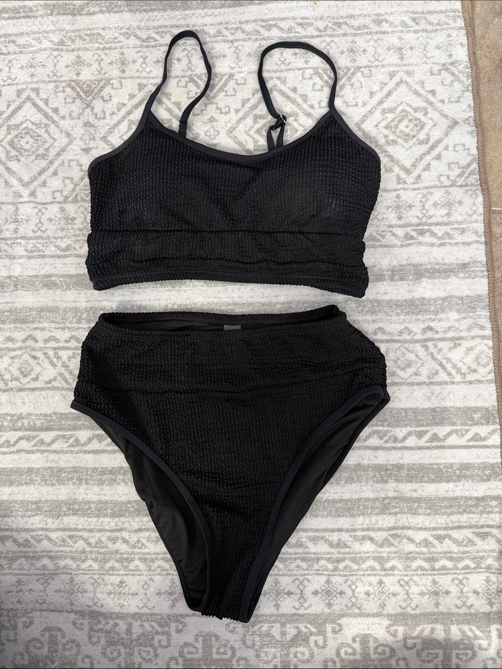 High-Waist Black Textured Bikini Set - Classic Swim Top & Bottom